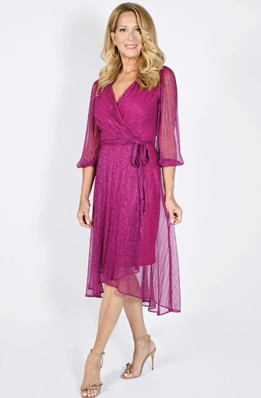 NWT Frank Lyman 232165 Fuchsia Metallic Wrap Midi Dress Size 2 Party Canada